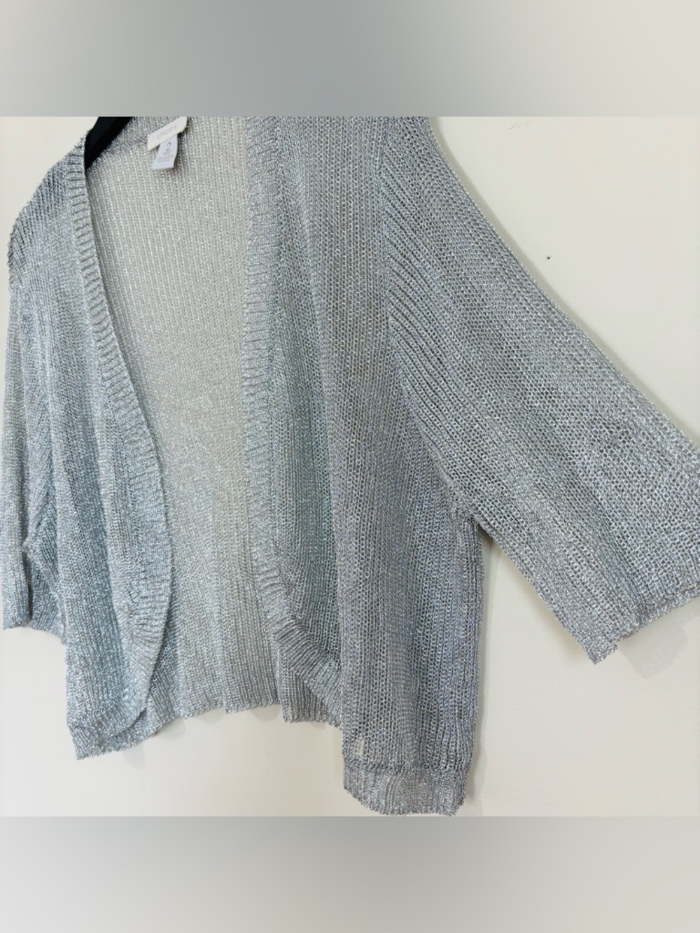 Chico's preppy slouchy silver metallic open front short sleeve crop cardigan L - Picture 3 of 15